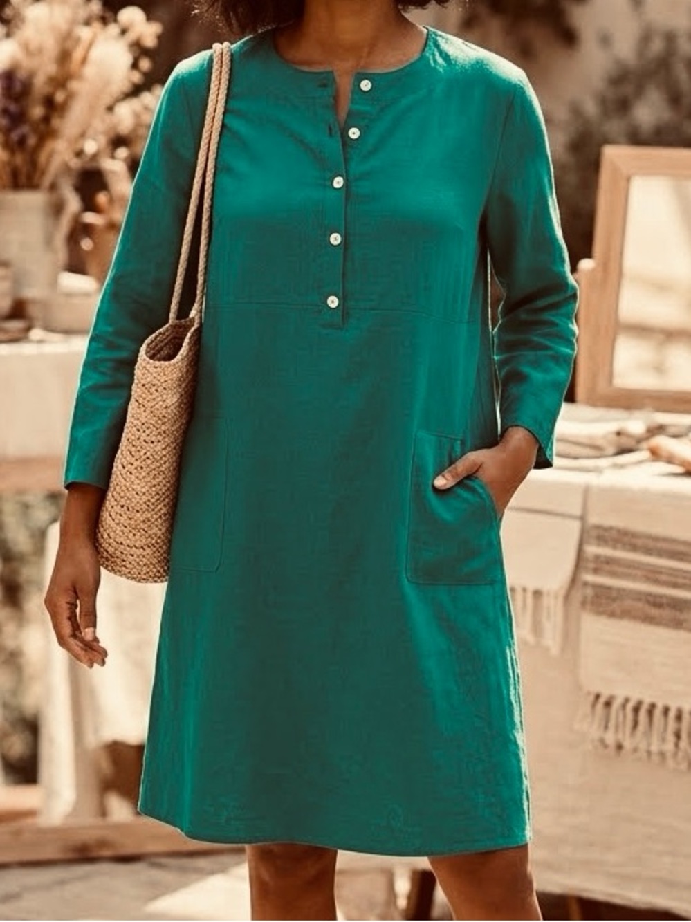Dress Coastal Boho Teal Green Pockets Cotton Linen-Look Relaxed Shift large NWOT
